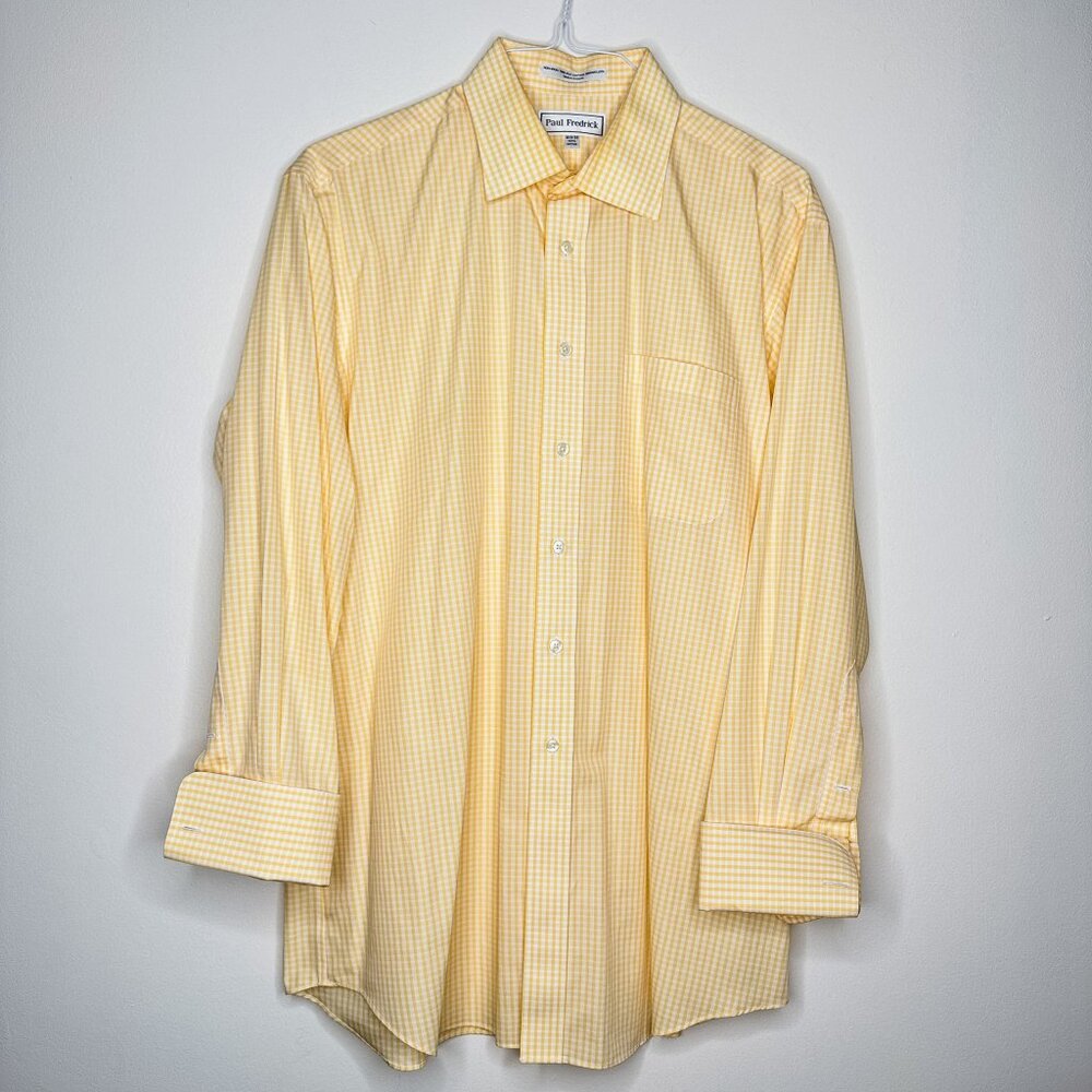 Paul Fredrick Yellow Gingham‎ Check Men's Dress Shirt 16.5 x 33 French Cuffs